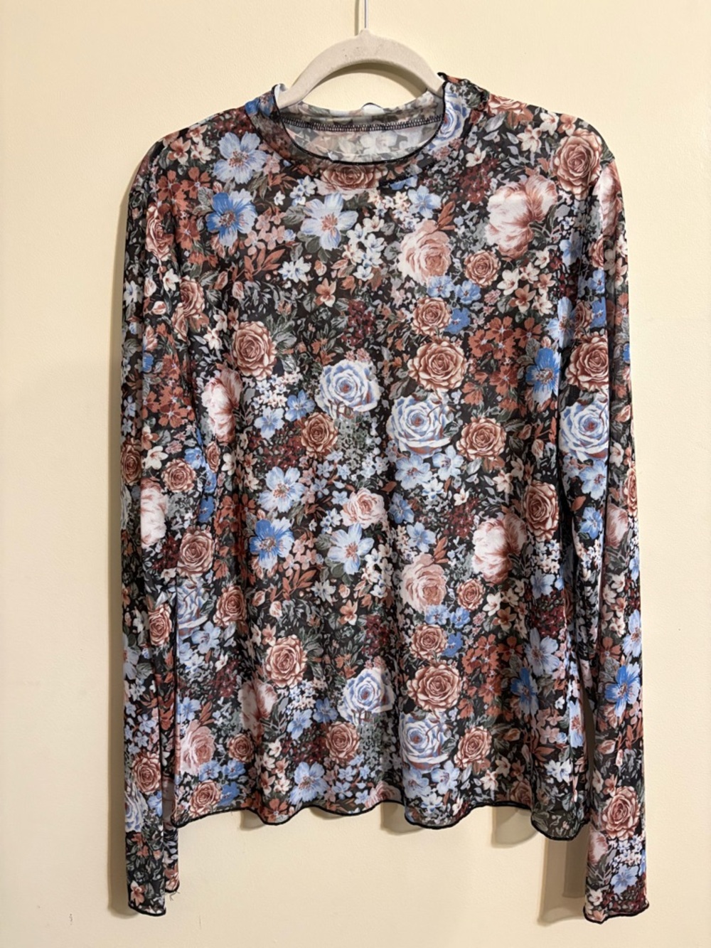 long-sleeved top floral print semi sheer mesh fabric mock neckline delicate